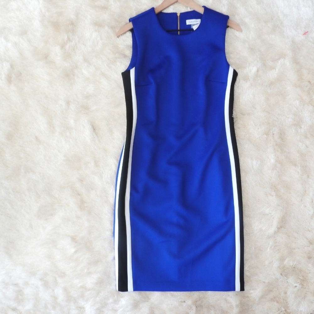 Calvin Klein blue black & white stiped midi dress
